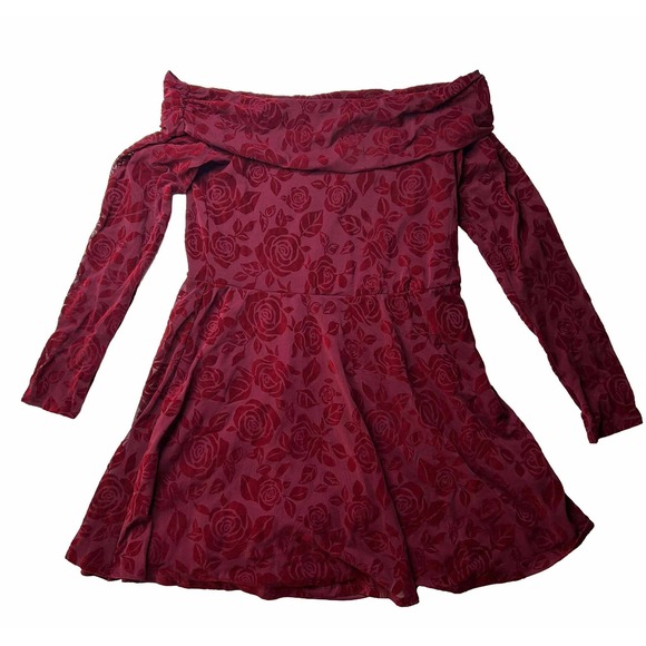 Wild Fable Size Large Red Rose Floral Velvet Off Shoulder Long Sleeve Dress - Picture 1 of 3